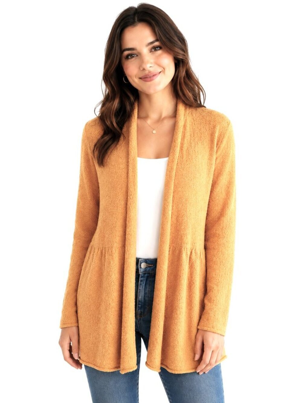 Eileen Fisher Mustard Yellow Textured Wool Open Cardigan